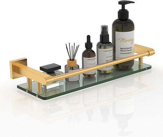 16 Inch Brusheld Gold Bathroom Glass Shelves with Stainless Steel Railing, Tempered Floating Glass Modern Decoration Bathroom Shelf Sink Over Toilet