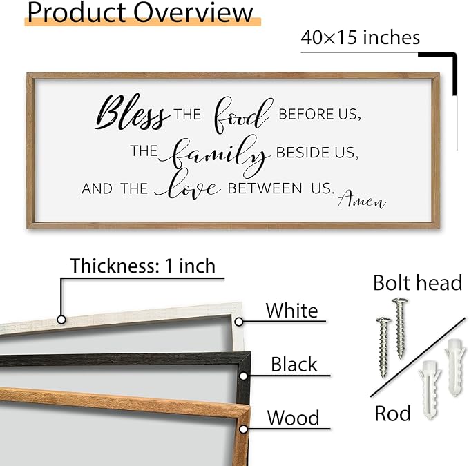 SRSZHIYUE Bless the Food Before Us Wall Sign Decor 40"×15" Christian Bible Verse for Farmhouse Rustic Kitchen Dining Room Framed Wood Scripture Religious Jesus Prayer Wall Art (Wood)