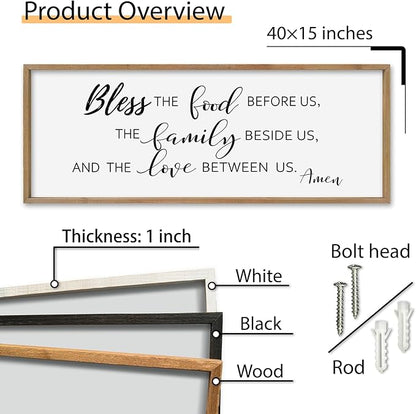 SRSZHIYUE Bless the Food Before Us Wall Sign Decor 40"×15" Christian Bible Verse for Farmhouse Rustic Kitchen Dining Room Framed Wood Scripture Religious Jesus Prayer Wall Art (Wood)