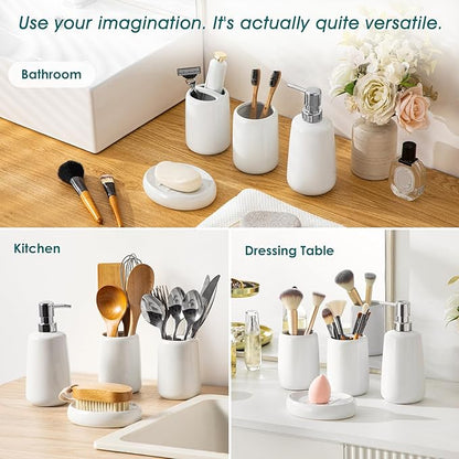 vancasso White Bathroom Accessories Set, Ceramic Soap Dispenser and Toothbrush Holder Sets, Stoneware 4 Pcs Bathroom Sink Set for Modern Home Decor