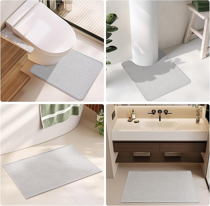 Chenille Non Slip Washable Thin Low Pile Bath Mat, Light Grey 20"x24" U Shape, Quick Dry
