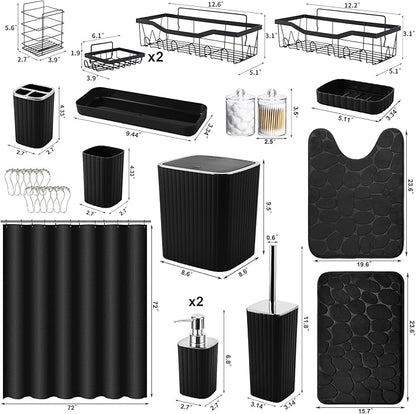 30PC Bathroom Accessories Set - Gorgeous Black Bathroom Set, Bathroom Accessory Set, Black Shower Curtain Set with Bathroom Storage