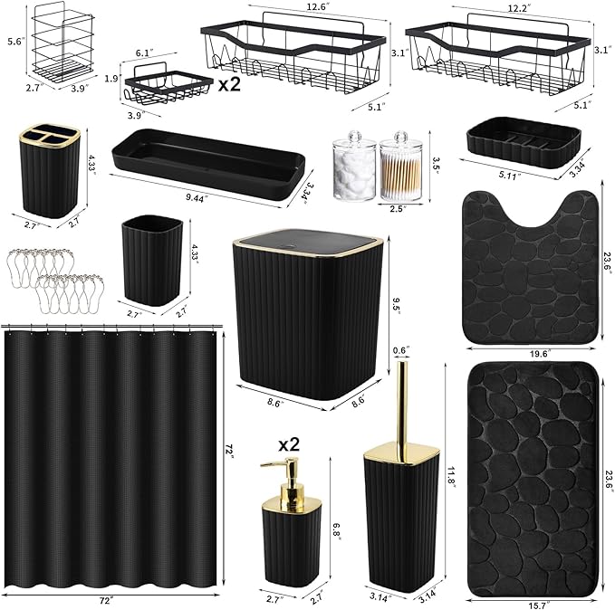 30PC Bathroom Accessories Set - Gorgeous Black Bathroom Set, Bathroom Accessory Set, Black Shower Curtain Set with Shower Caddies