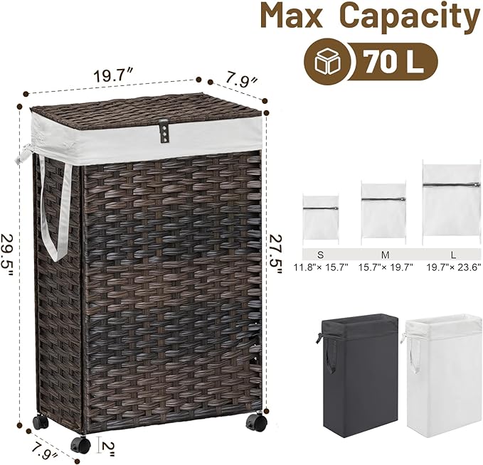 70L Slim Laundry Hamper with Lid & Wheels, 2-Park Rolling Laundry Basket with 4 Removable Liner Bags & 3 Mesh Bags, Narrow Dirty Clothes Basket, Foldable Handwoven Rattan Laundry Sorter, Brown