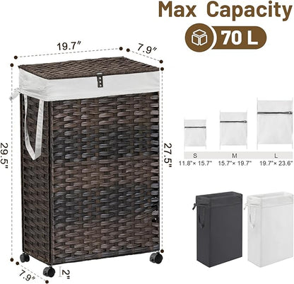 70L Slim Laundry Hamper with Lid & Wheels, 2-Park Rolling Laundry Basket with 4 Removable Liner Bags & 3 Mesh Bags, Narrow Dirty Clothes Basket, Foldable Handwoven Rattan Laundry Sorter, Brown