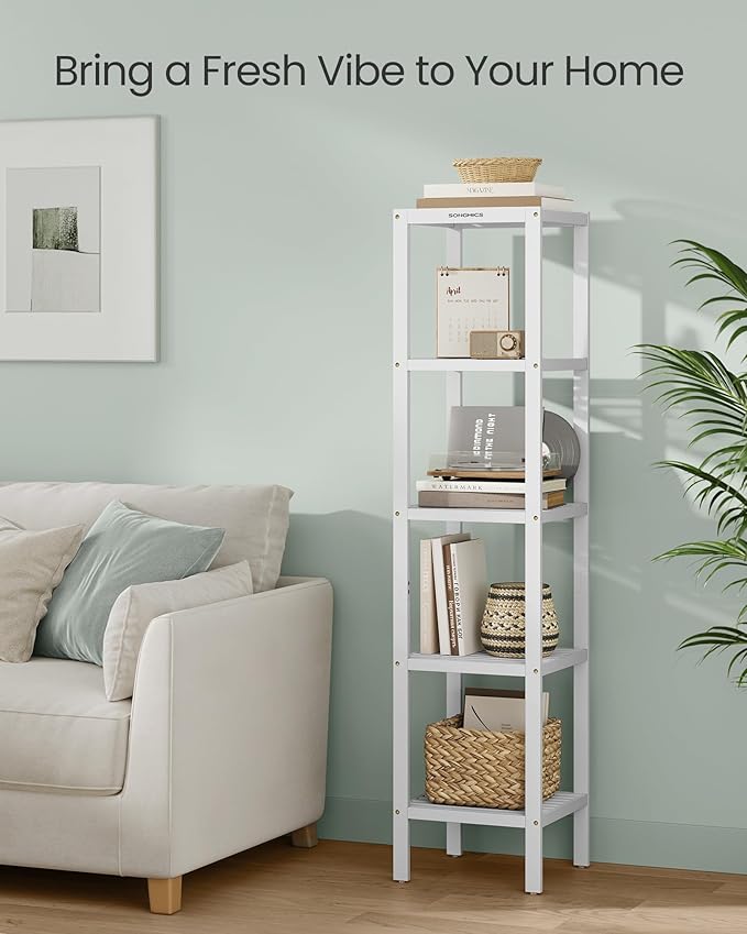 SONGMICS Bamboo Storage Shelf, 5-Tier Shelving Unit, Multifunctional, in The Entryway, Bathroom, Living Room, Balcony, Kitchen, 13 x 13 x 57.5 Inches, Cloud White UBCB055W01