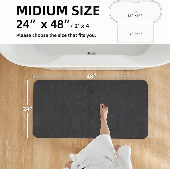 Black Bath Mat, Bathroom Rugs Non Slip Washable Thin Absorbent Quick Dry Bath Mat Fits Under Door Bathroom Floor Mat Perfect for Bath, Shower, or Sink 24"x48" Black