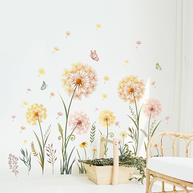 Dandelion Flower Butterfly Wall Decals Gold Dandelion Plants Floral Wall Stickers Peel and Stick Vinyl Wall Art Decor for Living Room Bedroom Office TV Sofa Backdrop Home Decor Gifts for Mom