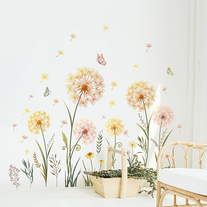 Dandelion Flower Butterfly Wall Decals Gold Dandelion Plants Floral Wall Stickers Peel and Stick Vinyl Wall Art Decor for Living Room Bedroom Office TV Sofa Backdrop Home Decor Gifts for Mom