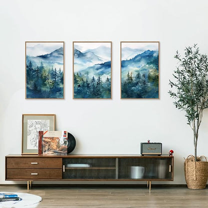 Celestdeco Blue Ridge Mountains Forest Framed Canvas Wall Art Set, Natural Landscape Wall Decor, Green Pine Trees Wall Painting, Woodland Artworks for Living Room, Bedroom, Dining Room - 16"x24"x3