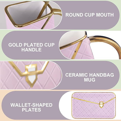 Zubebe 1 Set Coffee Mug Elegant Handbag Shaped Cup Modern Ceramic Purse Mug with Spoon and Saucer, 10oz Cute Creative Tea Cup for Office Home Woman Girls Gift (Purple)