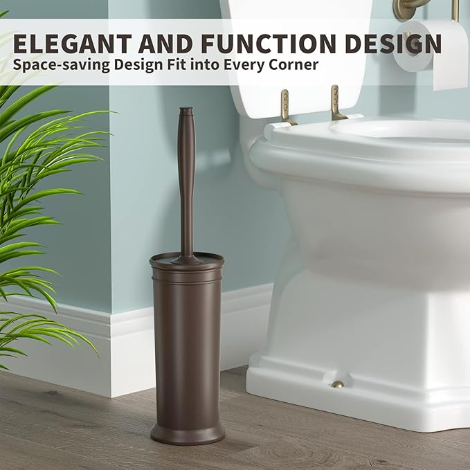 UPTRONIC Toilet Brush, Toilet Bowl Brush with Extra Long Handle Durable Bristles Toilet Scrubber and Covered Holder for Toilet Brush Set for Bathroom Cleaning (Brown, 1 Set)