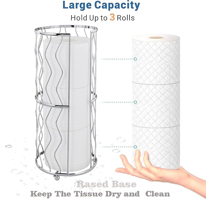 Decorative Metal Standing Toilet Tissue Holder for Bathroom/Powder Room, Compact Tissue Reserve for 3 Jumbo Rolls of Extra Toilet Paper Chrome