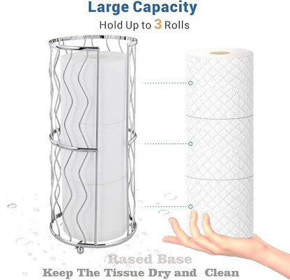 Decorative Metal Standing Toilet Tissue Holder for Bathroom/Powder Room, Compact Tissue Reserve for 3 Jumbo Rolls of Extra Toilet Paper Chrome