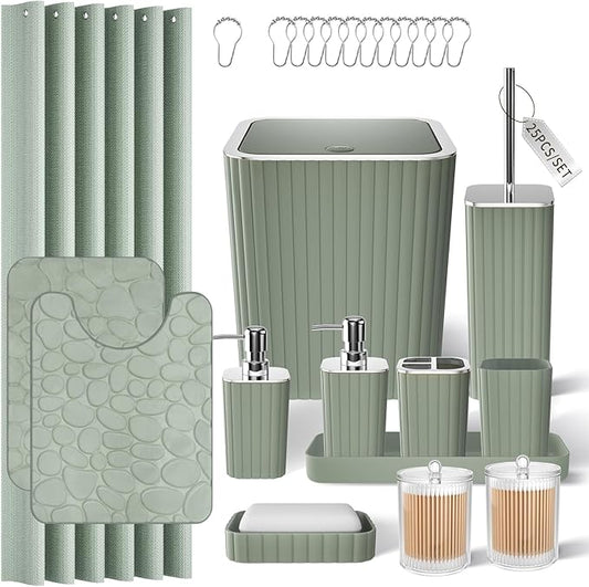 Bathroom Accessories Set - 25PC Sage Bathroom Set, Bathroom Set with Shower Curtain and Rugs, Sage Green Shower Curtain Set, Bathroom Accessory Set, Trash Can & Soap Dispenser