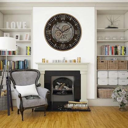 CLXEAST 24 Inch Large Moving Gear Wall Clock for Farmhouse Living Room Decor,Vintage Industrial Bronze Gold Metal Wall Clock for Home Office,House Warming Gifts New Home