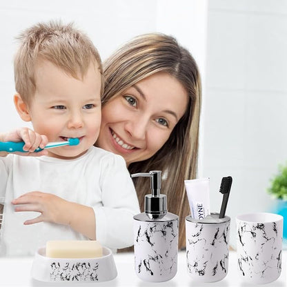 White Marble Bathroom Accessories Set, White Bathroom Set with Trash Can, Vanity Tray, Soap Dispenser, Soap Dish, Toothbrush Holder, Toothbrush Cup, Toilet Brush and Qtip Holders for Bathroom