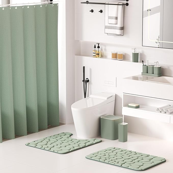 Bathroom Accessories Set - 25PC Sage Bathroom Set, Bathroom Set with Shower Curtain and Rugs, Sage Green Shower Curtain Set, Bathroom Accessory Set, Trash Can & Soap Dispenser