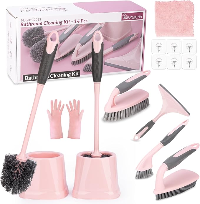 14 Pcs Bathroom Cleaning Tools with Toilet Brush, Scrub Brush, Cleaning Brush for Toilet, Bathtub, Pink Toilet Brush and Holder Set with Ergonomic Handle and Sturdy Bristles