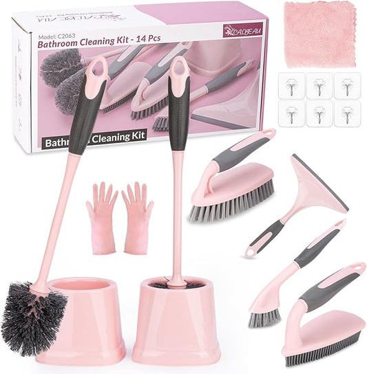 14 Pcs Bathroom Cleaning Tools with Toilet Brush, Scrub Brush, Cleaning Brush for Toilet, Bathtub, Pink Toilet Brush and Holder Set with Ergonomic Handle and Sturdy Bristles