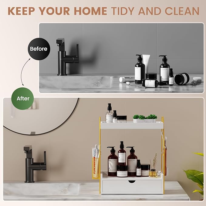 2 Tier Bathroom Counter Organizer with Drawer & Basket, Wooden Vanity Tray Countertop Shelf Accessories for Makeup Storage, Coffee Bar Station, Perfume Skincare, Kitchen, Bedroom (White)