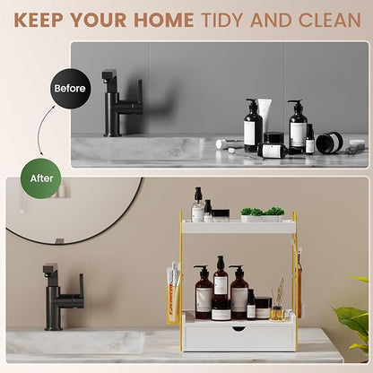 2 Tier Bathroom Counter Organizer with Drawer & Basket, Wooden Vanity Tray Countertop Shelf Accessories for Makeup Storage, Coffee Bar Station, Perfume Skincare, Kitchen, Bedroom (White)