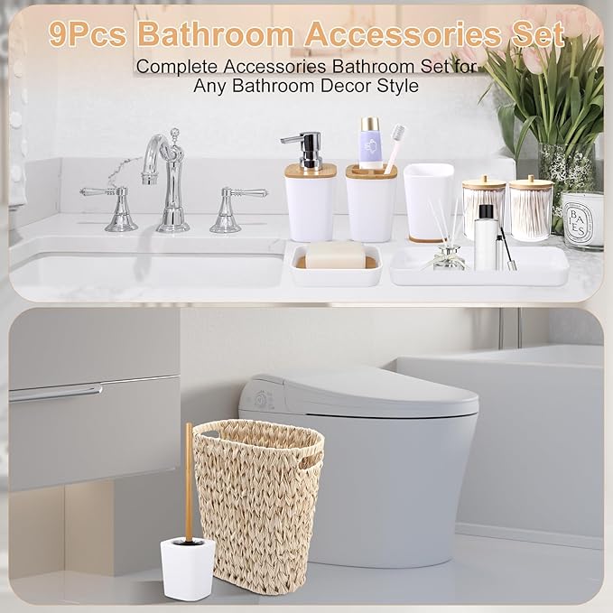 Bathroom Accessory Set with Wicker Trash Can, Beige Bathroom Accessories Set White Bathroom Sets Small Waste Basket Bathroom Trash Can for Bedroom Bathroom