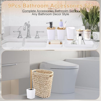 Bathroom Accessory Set with Wicker Trash Can, Beige Bathroom Accessories Set White Bathroom Sets Small Waste Basket Bathroom Trash Can for Bedroom Bathroom
