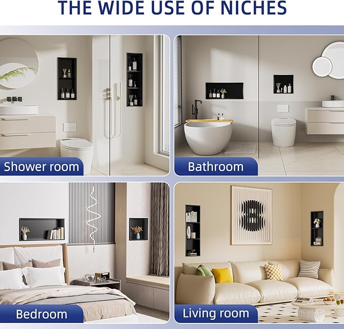 36x12 Inch No Tile Needed Shower Niche - 304 Stainless Steel Niche Shower with 3- Tier Shelves Recessed Wall Niches for Bathroom Storage,Matte Black