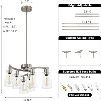 6 Light Modern Brushed Nickel Pendant Light Fixture For Dining Room，Contemporary Kitchen Light Fixtures Brushed Nickel，Adjustable Height Farmhouse Dining Chandeliers Over Table，With Glass Shade