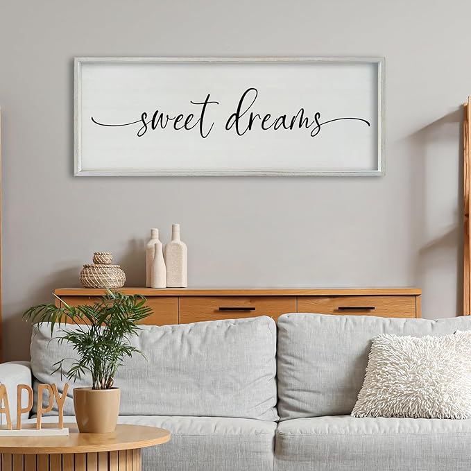 SRSZHIYUE Sweet Dreams Above Bed Wall Decor, 40"x15" Large Rustic Master Bedroom Over Bed Sign Guest Room Couples Wood Framed Farmhouse Horizontal Hanging Decoration (White)