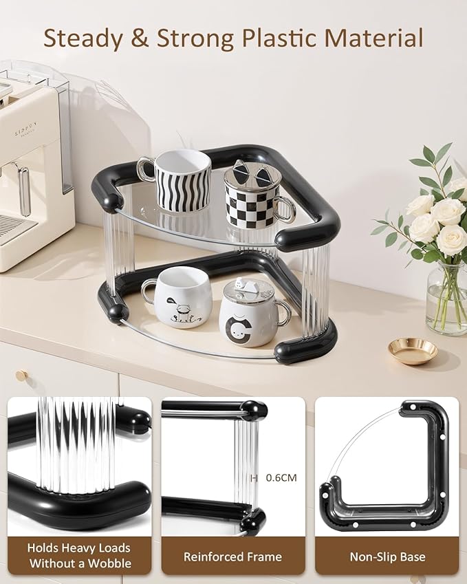 Corner Bathroom Counter Organizer, Perfume Skincare Organizers and Storage Countertop, Makeup Shelf for Vanity Dresser, Tiered Counter Top Skin Care Holder, 2 Tier, Black