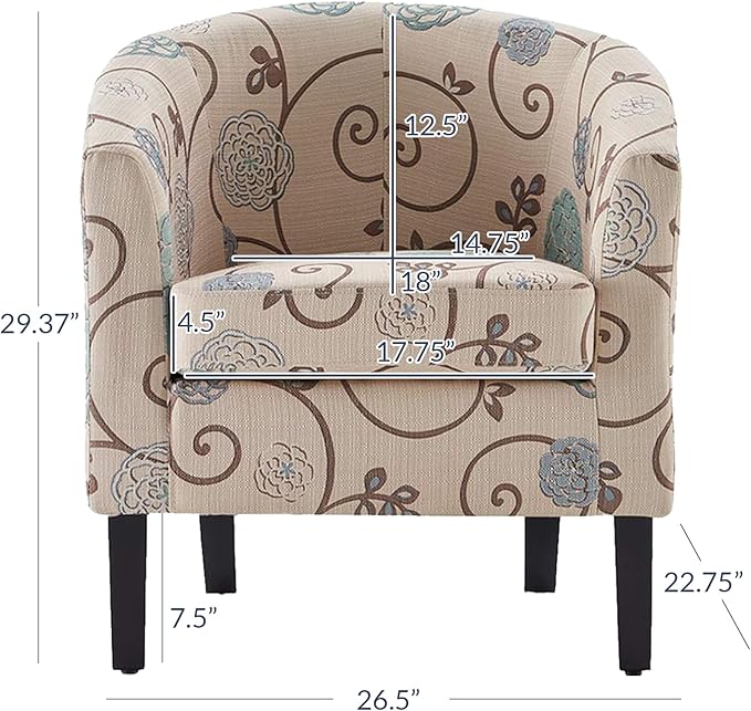 BELLEZE Living Room Chair, Linen Round Accent Barrel Chair, Club Tub Sofa Chair for Bedroom, Corner Chair with Flared Legs and Cozy Soft Padding - Highland (Floral Print)