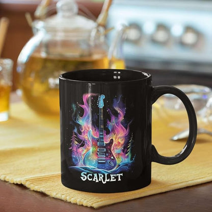 Personalized Electric Guitar Mug 11oz 15oz, Custom Choose Name Coffee Cup, Customized Rock Music Themed Black Mug, Gift For Musicians, Electric Guitar Ceramic Cup With Cosmic Design