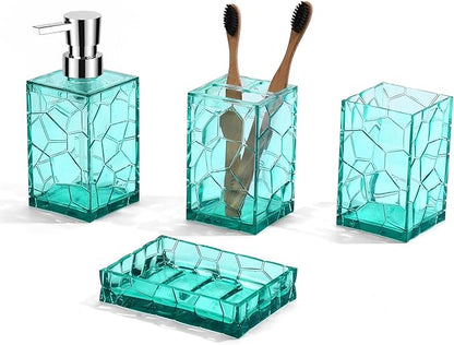 Teal Blue Beach Bathroom Accessories Set with Toothbrush Holder, Soap Dispenser, Tumbler, Soap Dish, Turquoise Bathroom Decor,Acrylic (Teal-4pcs)