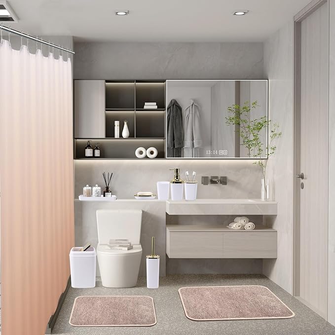 Bathroom Accessory Set–Bathroom Set with Shower Curtain and Rugs, No Slip Bathroom Rugs Super Absorbent,White Ombre Waterproof Shower Curtain with Hooks, White Bathroom Sets Complete for Home