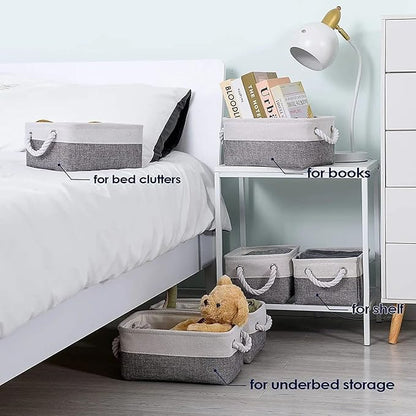 TcaFmac Small Storage Baskets for Shelf 6 Pack Canvas Storage Basket with Handles Fabric Storage Basket for Organizing Storage Bin (White and Grey, 12x8x5")