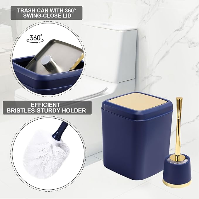 25PCS Navy Blue Bathroom Accessories Sets Complete, with Shower Curtain, Rugs, Trash Can and Toilet Brush, Soap Dispenser, Toothbrush Holder and Cup, Soap Dish, Qtip Holder, Bathroom Decor Sets