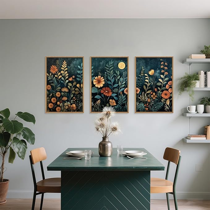 Vintage Dark Botanical Framed Canvas Wall Art Set, Colorful Floral Wall Decor, Nature Wildflower Wall Painting, Colorful Blossom Art Prints for Living Room, Bedroom, Office - 16"X24"X3