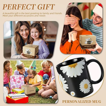 12Oz Daisy floral Black Ceramic Mug, Mug for Daily Coffee and Tea, Lead-free Microwave and Dishwasher Safe Coffee Mug, Perfect gifts for Women and men