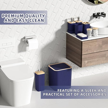 Bathroom Accessories Set - Elegant Blue Bathroom Set, 10PC Bathroom Accessory Set, Toilet Brush, Trash Can, Qtip Holder Dispenser & Soap Dispenser