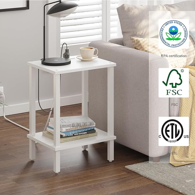 TUTOTAK End Table with Charging Station, Set of 2, Small Side Table with Outlets, Nightstand Bedside Table, 2-Tier Storage Shelf for Small Space, Living Room, Bedroom White TB01BW041