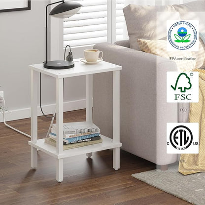 TUTOTAK End Table with Charging Station, Set of 2, Small Side Table with Outlets, Nightstand Bedside Table, 2-Tier Storage Shelf for Small Space, Living Room, Bedroom White TB01BW041