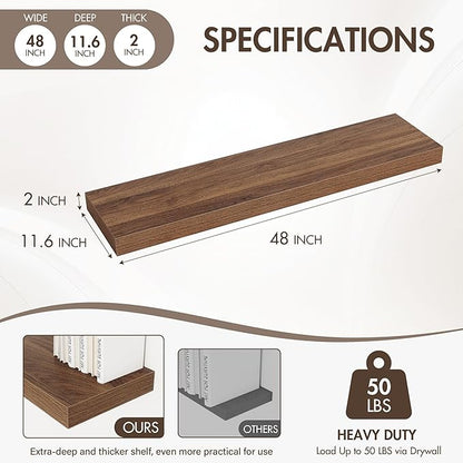 48 Inch Floating Shelves, 12" Deep Floating Shelf Wall Mounted, 48" Wall Shelves, Rustic Deep Bookshelf, Extra Deeper & Thicker Display Shelves for Bedroom, Living Room, Walnut, Set of 2