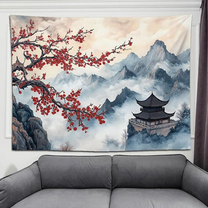 keowhsf Japanese Tapestry Aesthetic Wall Decor – Watercolor Ink Landscape with Red Plum Blossoms and Misty Mountains, Asian Art Hanging for Bedroom, Living Room, Dorm