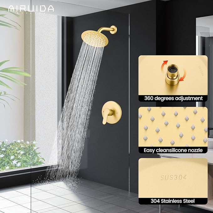 Airuida Shower Faucet Set,Single Function Shower Trim Kit,Wall Mount 6 Inch Round Rainfall Shower Head and Handle Set,Single Handle Shower System Set Male Threads Rough-in Valve Brushed Gold