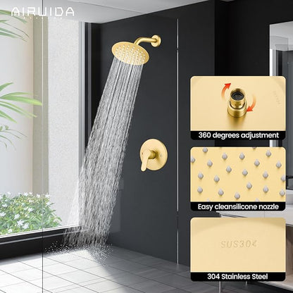 Airuida Shower Faucet Set,Single Function Shower Trim Kit,Wall Mount 6 Inch Round Rainfall Shower Head and Handle Set,Single Handle Shower System Set Male Threads Rough-in Valve Brushed Gold