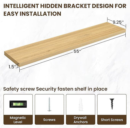 55 Inch Floating Shelves, 12 Inch Deep Floating Shelves for Wall, Floating Shelf with Invisible Brackets, Deep Shelves for Bathroom, Bedroom, Living Room, 1 Pack, Natural