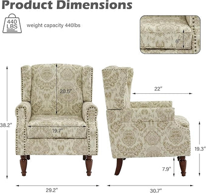 UIXE High Back Floral Accent Chair, Upholstered Armchair in Fabric for Living Room, Retro Wingback Arm Chair Comfy Single Sofa Bedroom Reading Seat with Solid Wood Legs, White