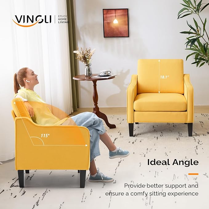 VINGLI Accent Chairs Set of 2 Living Room Chairs Yellow Reading Chair for Bedroom Scooped Arm Chair Mid Century Modern Accent Chairs Upholstered Comfy Chair for Apartment, Waiting Room